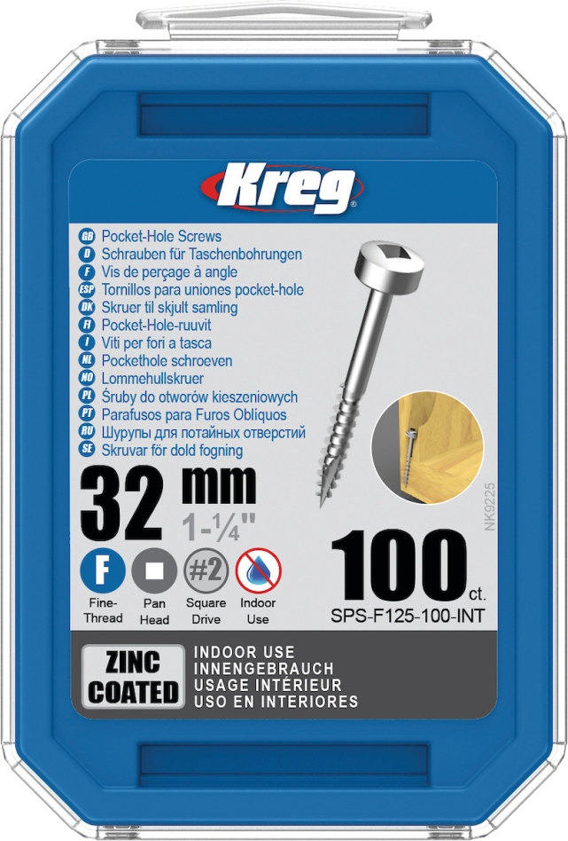 Kreg SPS-F125-100-INT Tornillos para agujeros de bolsillo de 32 mm zincados con cabeza plana y rosca fina 100 unidades
