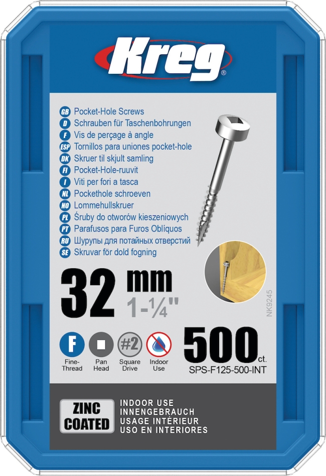 Kreg SPS-F125-500-INT Tornillos para agujeros de bolsillo de 32 mm, zincados, de cabeza plana, rosca fina, 500 unidades