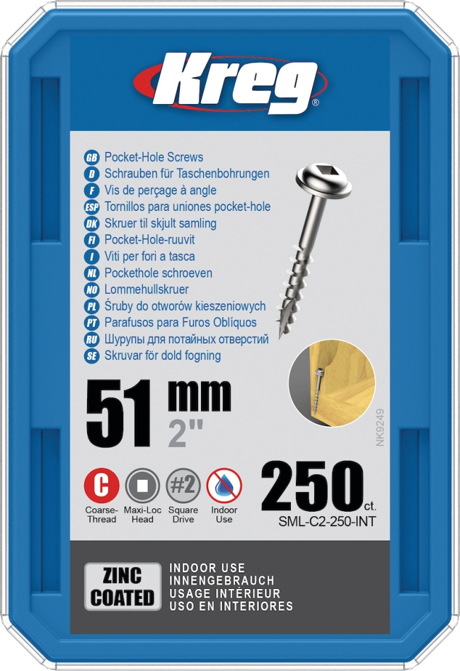 Kreg SML-C2-250-INT Tornillos de bolsillo 51 mm Zincado Maxi-Loc rosca gruesa 250 uds.
