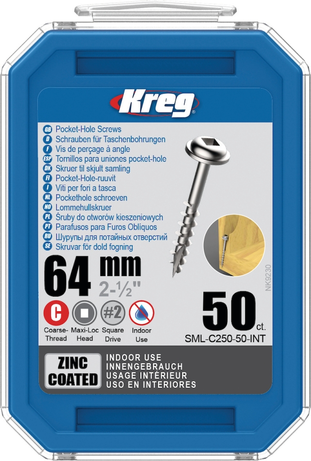Kreg SML-C250-50-INT Tornillos de cabeza cilíndrica 64 mm galvanizados Maxi-Loc rosca gruesa 50 unid.