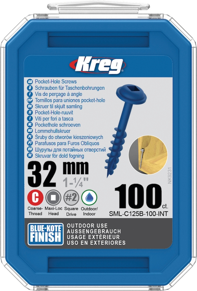 Kreg SML-C125B-100-INT Tornillos de cabeza cilíndrica 32 mm Blue-Kote Maxi-Loc rosca gruesa 100 unidades