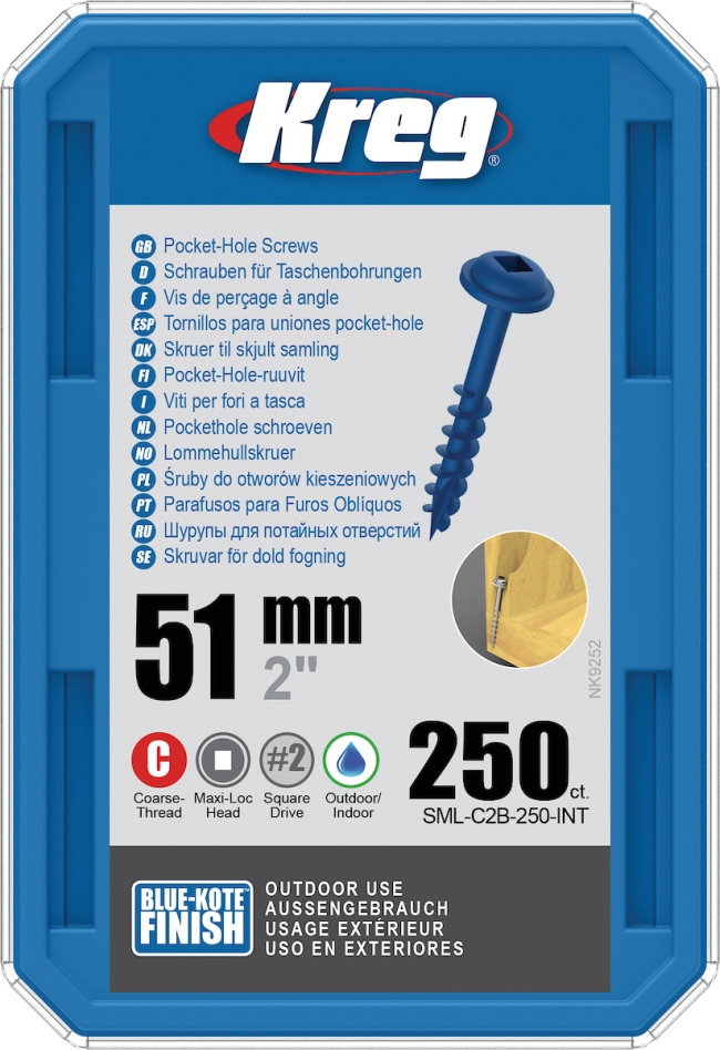 Kreg SML-C2B-250-INT Tornillos de bolsillo 51 mm Blue-Kote Maxi-Loc rosca gruesa 250 unidades