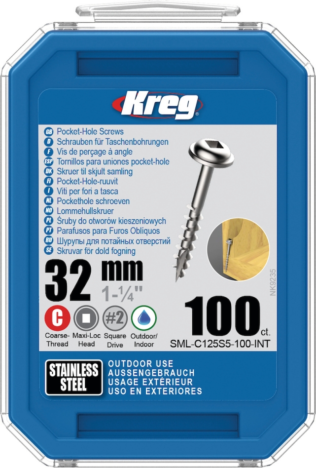 Kreg SML-C125S5-100-INT Tornillos Pocket-Hole 32 mm acero inoxidable Maxi-Loc rosca gruesa 100 piezas