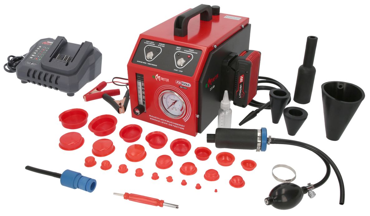 KS Tools 550.1470 M&aacute;quina de humo para la detecci&oacute;n de fugas. con bater&iacute;a de 2 Ah, 36 piezas