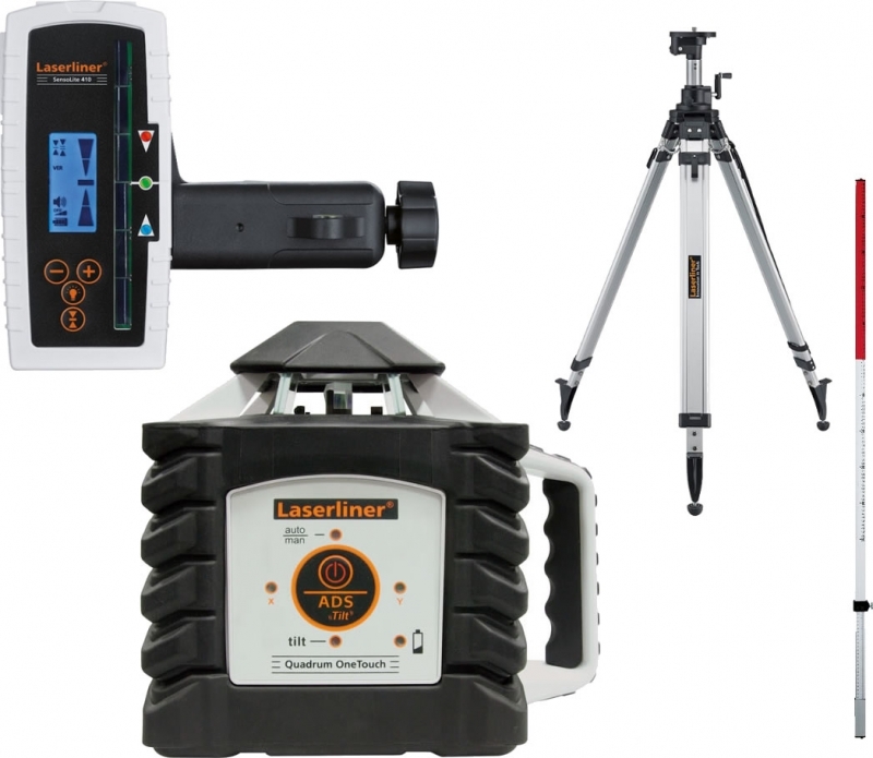 Laserliner 053.200-2 Quadrum OneTouch 410 S SET Láser giratorio + bastón de medición Flexi gratuito + trípode de husillo P260 cm