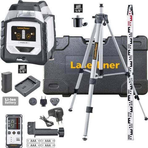 Laserliner 052.500A DuraPlane 360 Set Línea horizontal de 360 grados láser rojo con trípode de 175 cm, receptor y varilla niveladora de 3 m