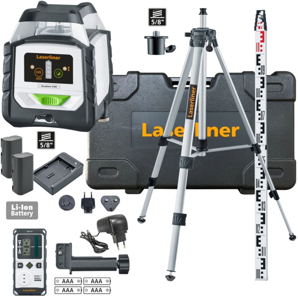 Laserliner 052.555A Láser de línea verde horizontal de 360 grados DuraPlane G360 RX con receptor RangeXtender G60, abrazadera CrossGrip, trípode de 175 cm y varilla niveladora de 3 m