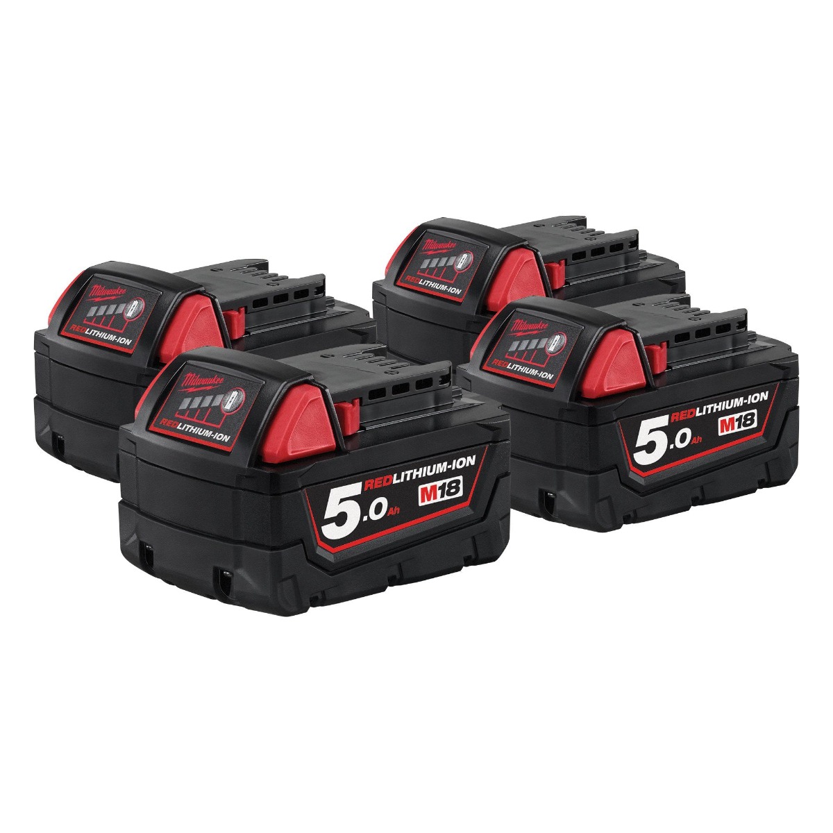 Milwaukee Accesorios M18B5QUARTET M18 B5 Paquete de 4 baterías de 18 voltios y 5,0 Ah de iones de litio
