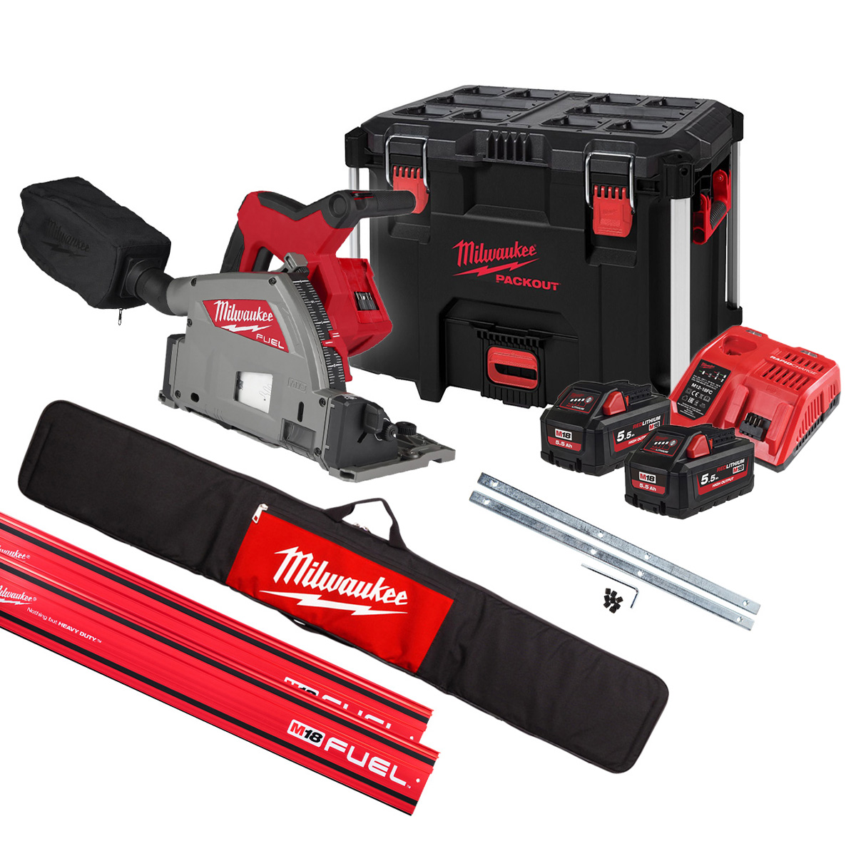 Milwaukee M18FPS55-552PSET Sierra sin cable 18V 5,5Ah Li-Ion + 2 x 1400mm carril guía + Abrazaderas + Bolsa en caja de herramientas PACKOUT™.