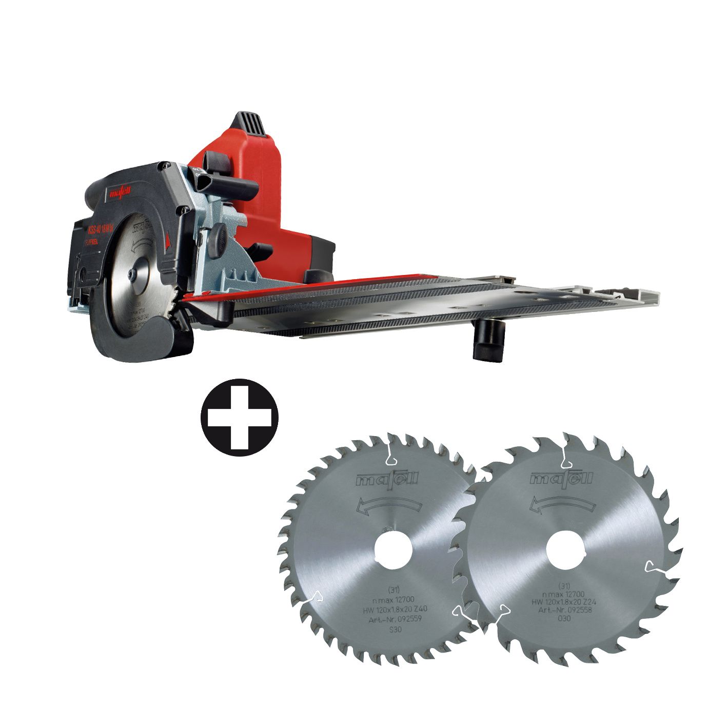 Mafell 1P0463 KSS 40 18M BL Sistema de tronzadora 18V 5,5Ah Li-HD en T-max + 2 hojas de sierra Z24/Z40