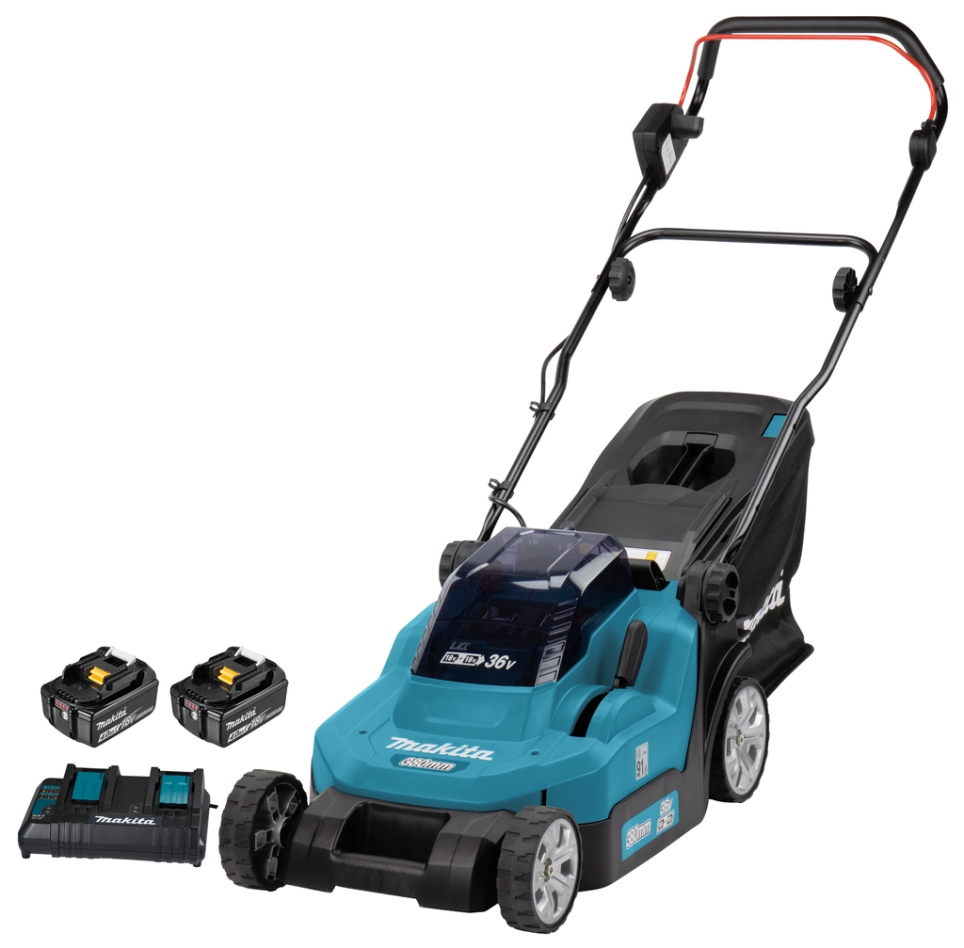 Makita DLM382CM2 cortacésped sin cable 38 cm 2 x 18 Volt 4.0Ah Li-Ion