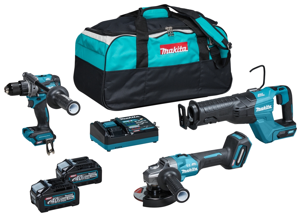Makita DK0159G301 Juego combinado - Taladro sin cable DF001G + Sierra de sable JR001G + Amoladora GA005 40V max 4.0Ah Li-Ion