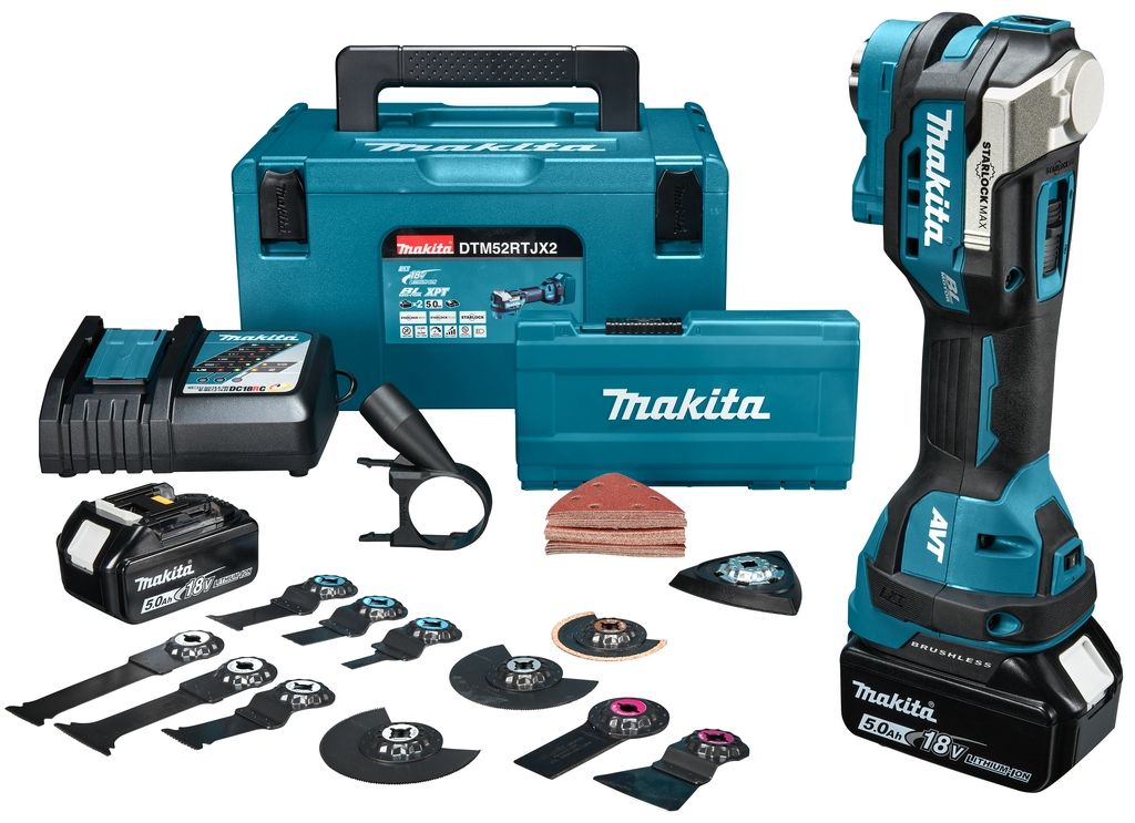 Makita DTM52RTJX2 Multiherramienta Starlock Max 18V 2x5,0 AH Li-ion + Juego de accesorios en Mbox