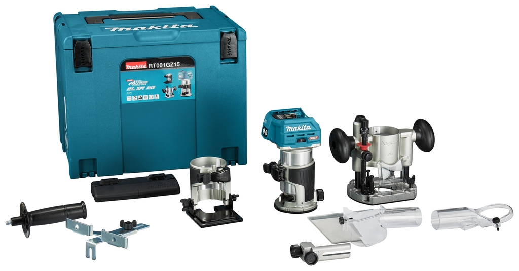 Makita RT001GZ15 Fresadora de topes y cantos 40V Max sin baterías ni cargador con accesorios y adaptador de carril guía en MBox