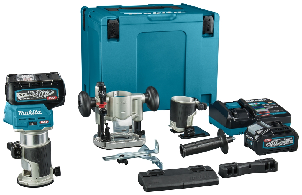 Makita RT001GM206 Fresadora de topes y cantos 40V Max 4.0Ah Li-ion con accesorios y adaptador de carril guía en MBox