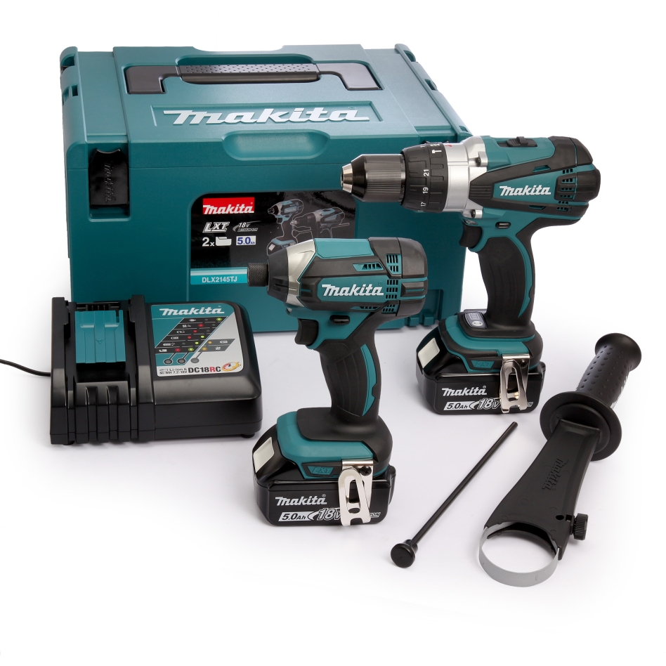 Makita DLX2145TJ Comboset Taladro percutor sin cable 18V 5.0 AH Li-ion DHP458 + Taladro de impacto DTD152 en M-Box