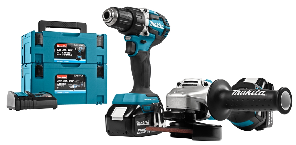 Makita DLX2190TJ1 Set combinado de 18 V y 5,0 Ah de iones de litio: taladro a batería DDF484 + amoladora a batería DGA504 en MBox