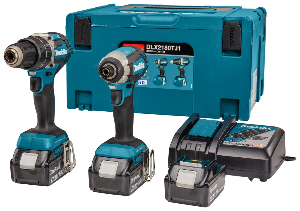 Makita DLX2180TJ1 - Taladro de percusión sin cable DHP484 + atornillador de percusión sin cable DTD153 18V 3x5,0 Ah Li-ion