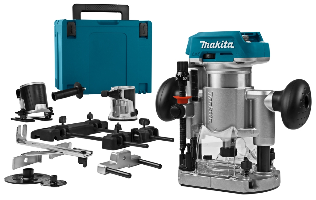 Makita DRT50ZJX9 Router 18 Volt Li-ion sin baterías ni cargador + Adaptador para carril guía