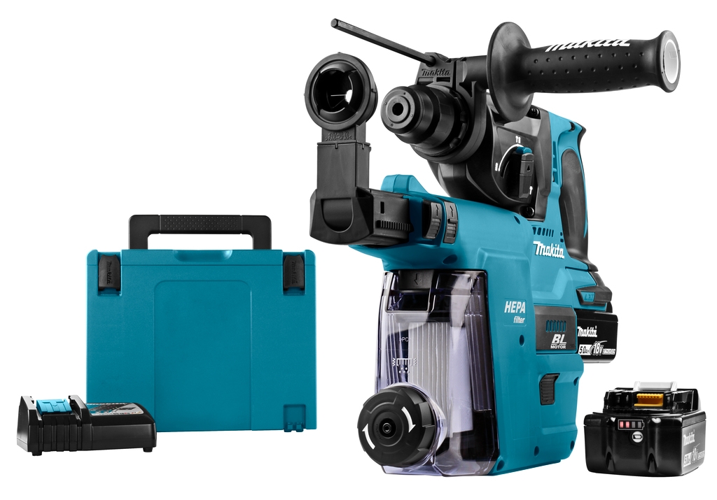 Makita DHR242RTJW Martillo combinado 18 Voltios 5,0 AH Li-ion + aspiración incorporada DX06 con filtro Hepa