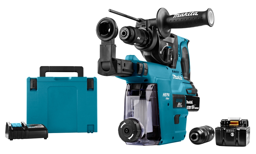 Makita DHR243RTJW Martillo combinado 18 Voltios 5,0 AH Li-ion + DX07 aspiración incorporada con filtro Hepa