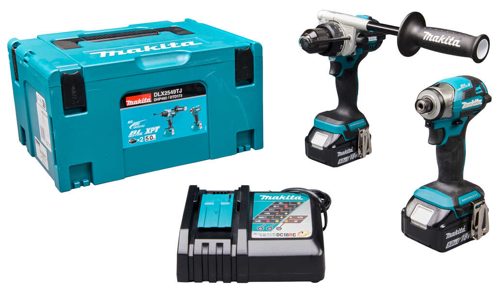 Makita DLX2549TJ Juego combinado LXT de 18 V: taladro percutor y atornillador a bater&iacute;a, con 2 bater&iacute;as de 18 V y 5,0 Ah y un cargador r&aacute;pido en una caja Mbox