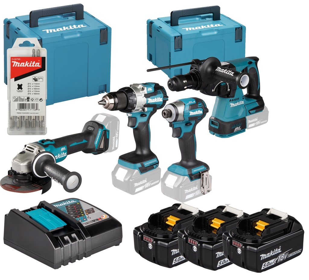 Makita DLX4196JX1 Conjunto combinado DDF489|DTD173|DHR243|DGA504 de 18 V y 5,0 Ah de iones de litio en M-Box