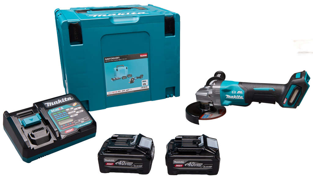 Makita GA013GU201 Amoladora angular XGT 40V Max con bater&iacute;a de 125 mm y interruptor de seguridad, 2 bater&iacute;as BL4040F de 40 V y 4,0 Ah y cargador r&aacute;pido en Mbox