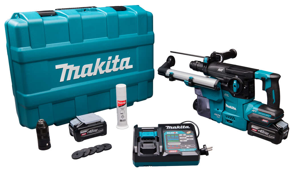 Makita HR009GU201 Martillo combinado XGT 40V Max con bater&iacute;a de 30 mm, 2 bater&iacute;as de 40 V y 4,0 Ah y cargador r&aacute;pido + sistema de aspiraci&oacute;n de polvo en malet&iacute;n de pl&aacute;stico