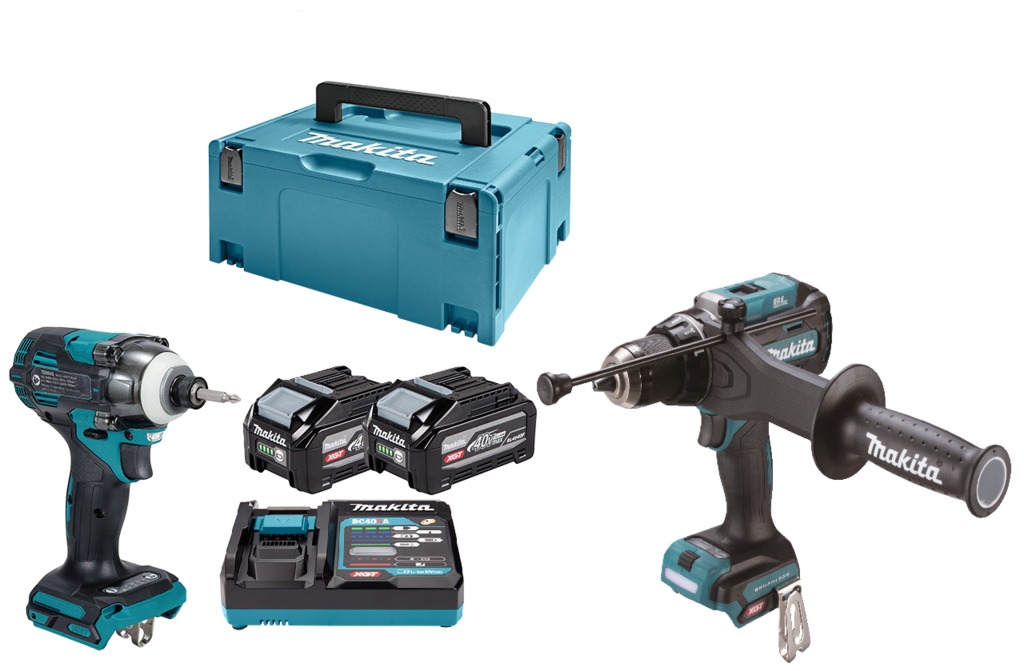 Makita DK0249G201 Conjunto combinado XGT 40 V Max con taladro percutor y atornillador de impacto, que incluye 2 bater&iacute;as de 4,0 Ah y un cargador r&aacute;pido en Mbox