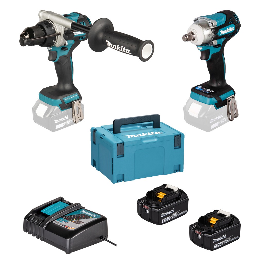 Makita DLX2590TJ Combiset LXT 18V DHP492 (impacto) taladro/atornillador + DTW300 llave de impacto 18V incl. 2x5.0Ah y cargador r&aacute;pido en malet&iacute;n Mbox