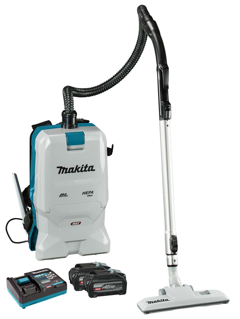 Makita VC011GU202 Aspiradora de espalda con bater&iacute;a XGT 40V Max para limpieza, con 2 bater&iacute;as BL4040F de 4,0 Ah y un cargador r&aacute;pido en su caja