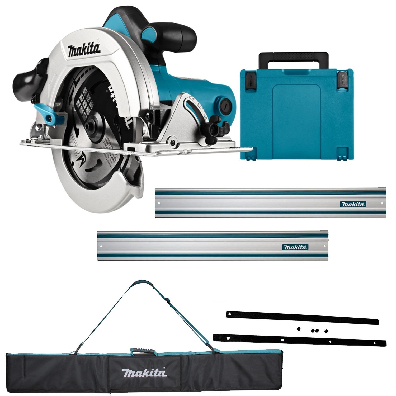 Makita HS7601JSET HS7601J Sierra circular 190 mm + 2 x Regla 1500 mm + Tiras de anclaje + Bolsa