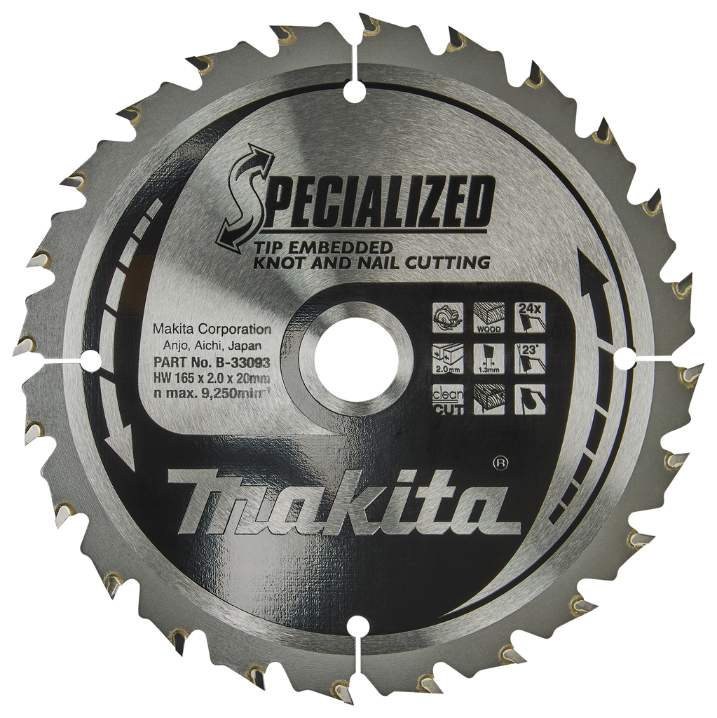 Makita Accesorios B-33093 Hoja de sierra circular Madera (nudo/uña) Specialized 165x20x2,0 24T 23g