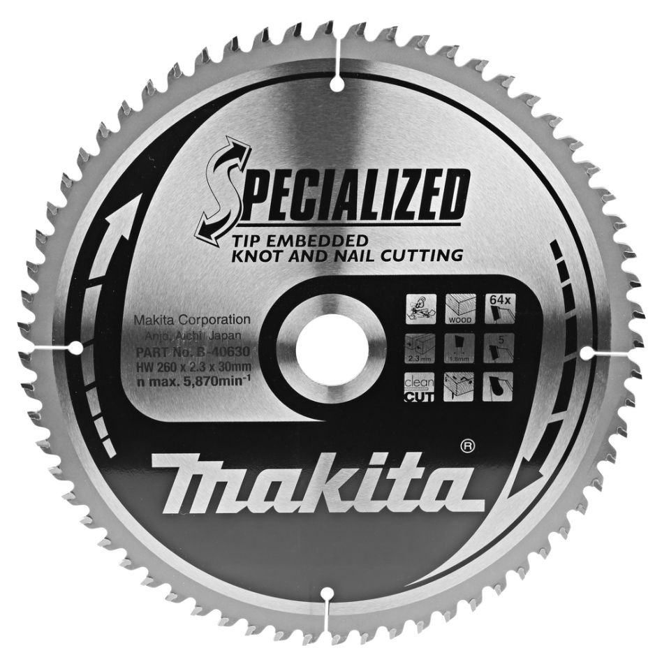 Makita Accesorios B-42391 Hoja de sierra tronzadora para madera (nudosa/nudosa) Punta incrustada 260x30x2,3 64T 5g