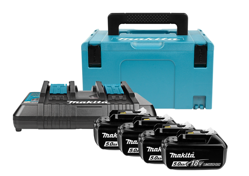 Makita Accesorios 197626-8 Kit de inicio - 4 baterías BL1850B de 18 V y 5,0 Ah + cargador Duo DC18RD en MBox 3
