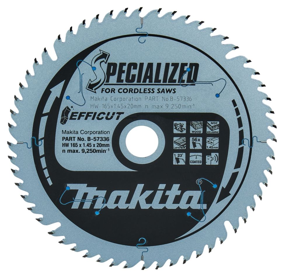 Makita Accesorios B-57336 Hoja de sierra eficiente HM 165 x 20 x 56T espesor 1mm