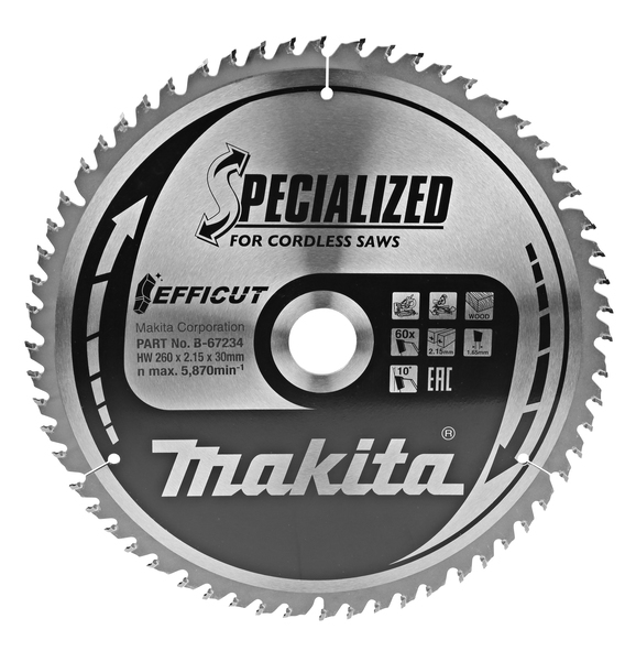 Makita Accesorios B-67290 Hoja de sierra Efficut Wood 260x30x2,15 80T 10g