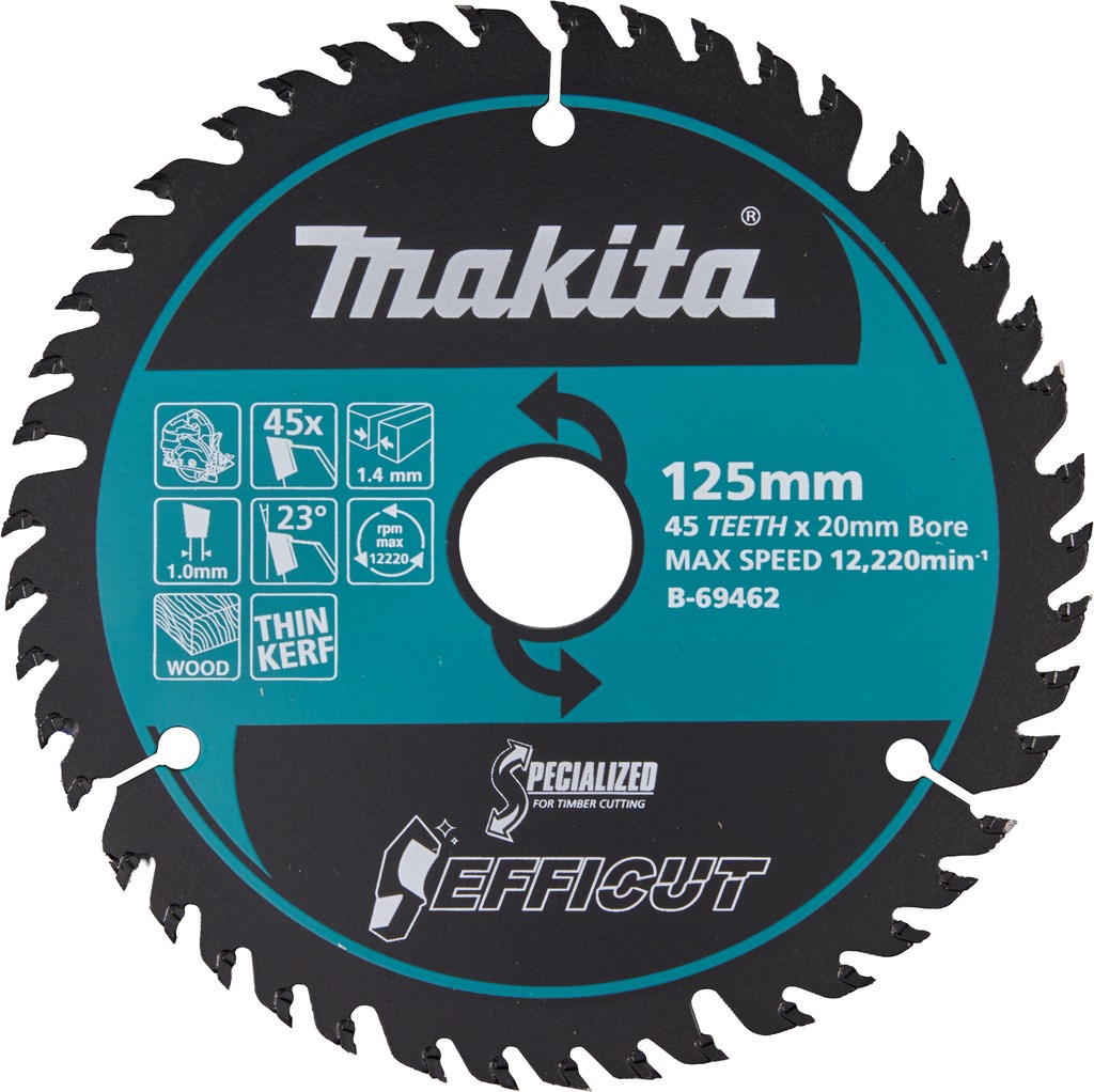 Makita Accesorios B-69462 Hoja de sierra circular HM Efficut para madera, 125 x 20 x 1,4 mm, 45 dientes
