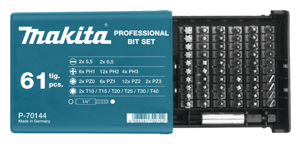 Makita Accesorios P-70144 Juego de 61 puntas en caja de plástico de alta calidad.