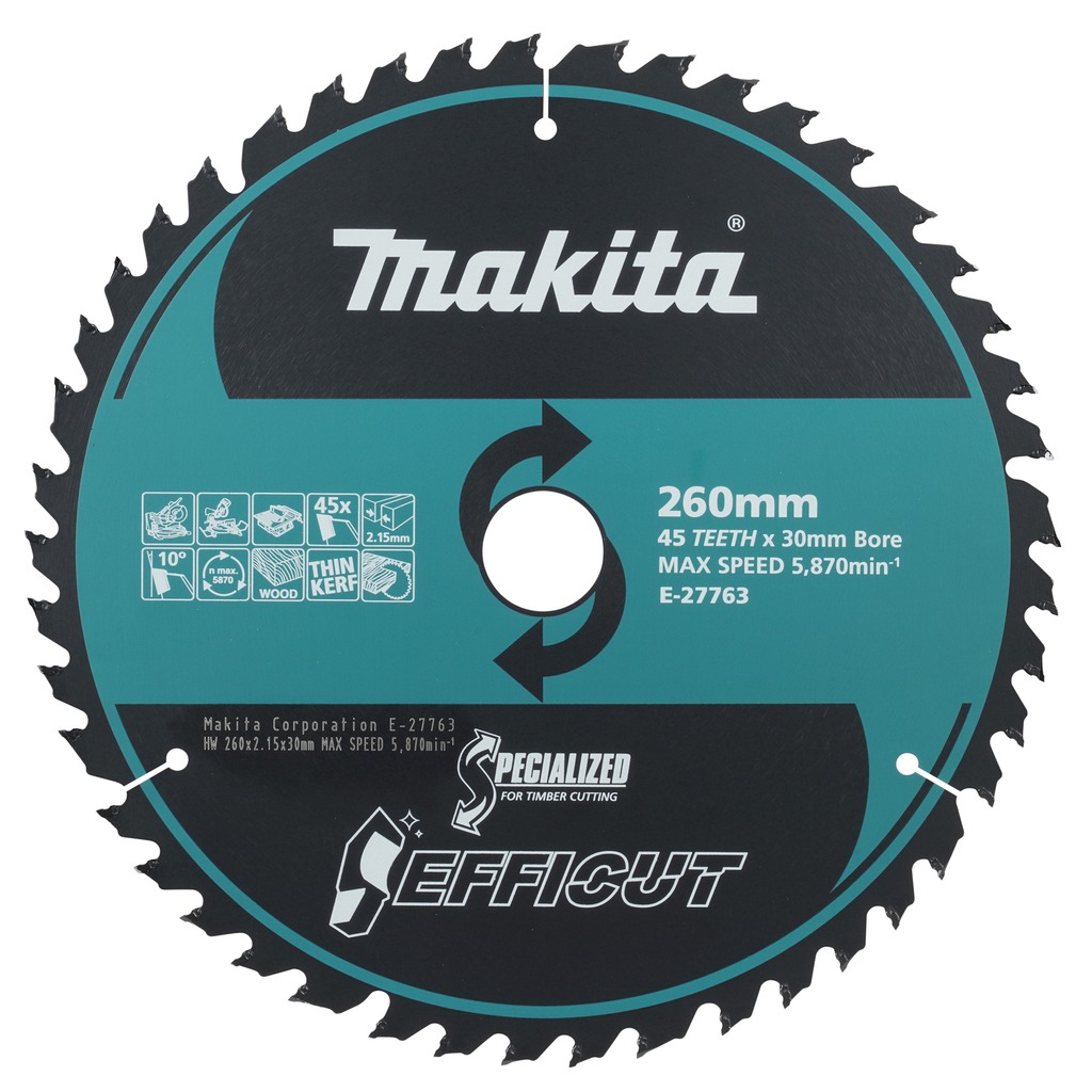 Makita Accesorios E-27763 Efficut disco de corte/sierra de mesa Madera 260x30x2,15 45T 10g 