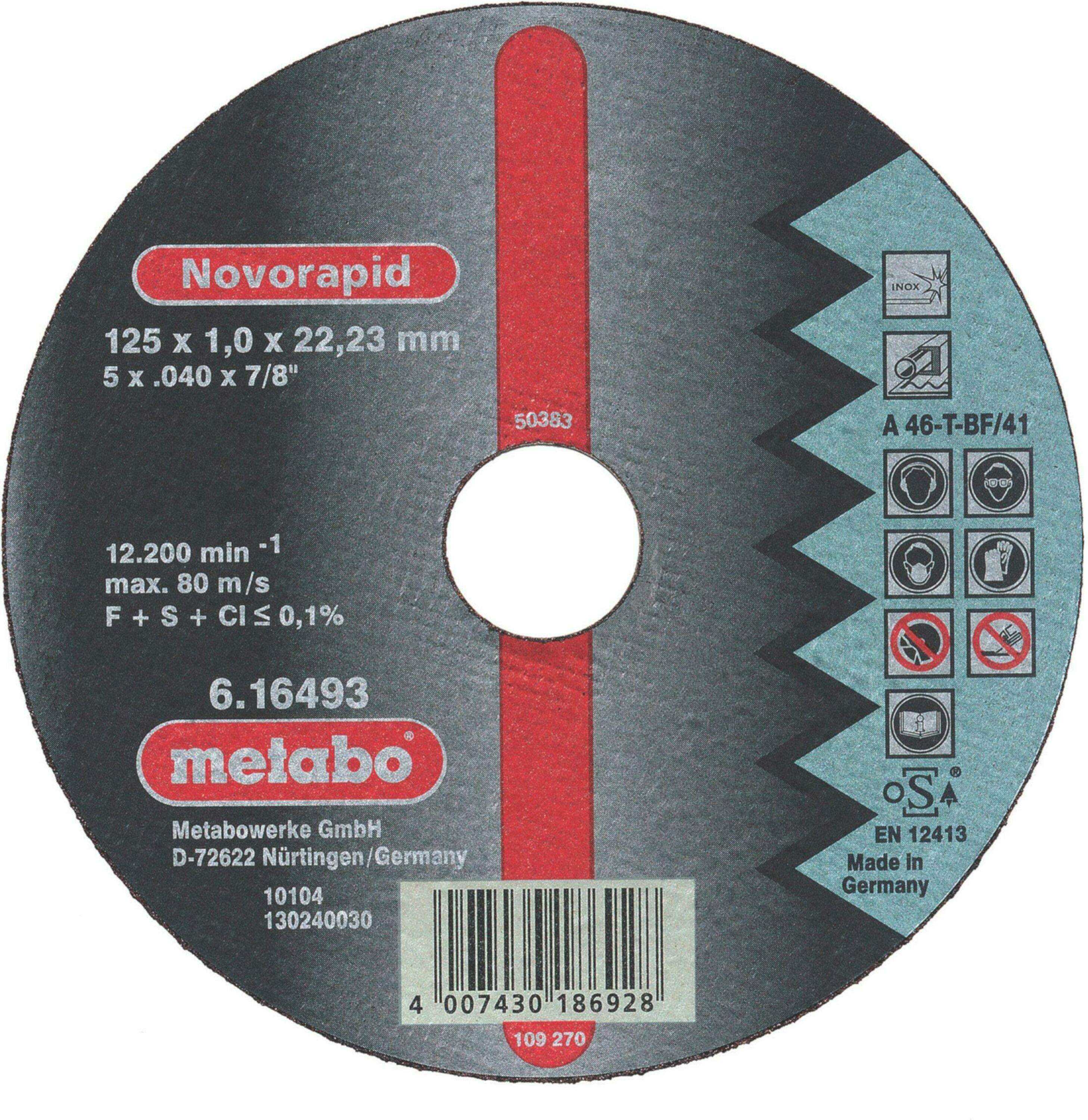 Metabo Accesorios 616493000 Disco de corte Ø 125X1,0X22,23 Inox Novorapid 25 piezas