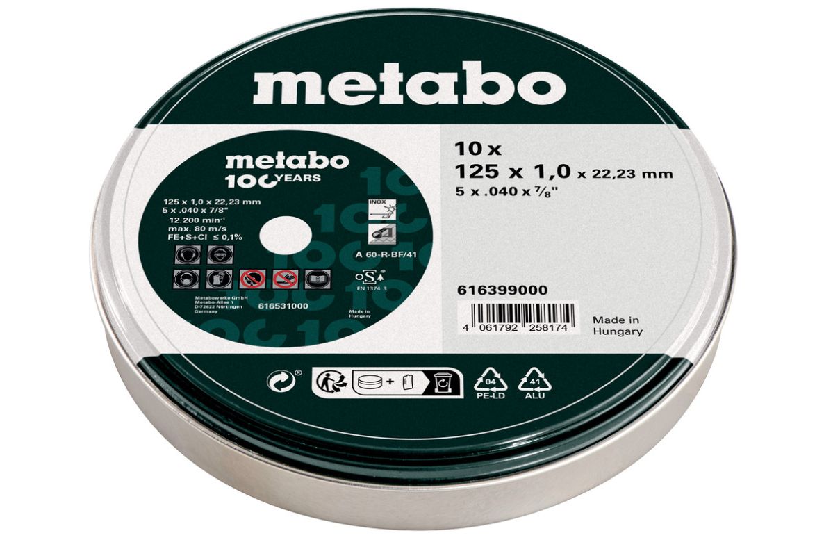 Metabo Accesorios 616399000 10 discos de corte - SP 125x1,0x22,23 Inox, 100 años