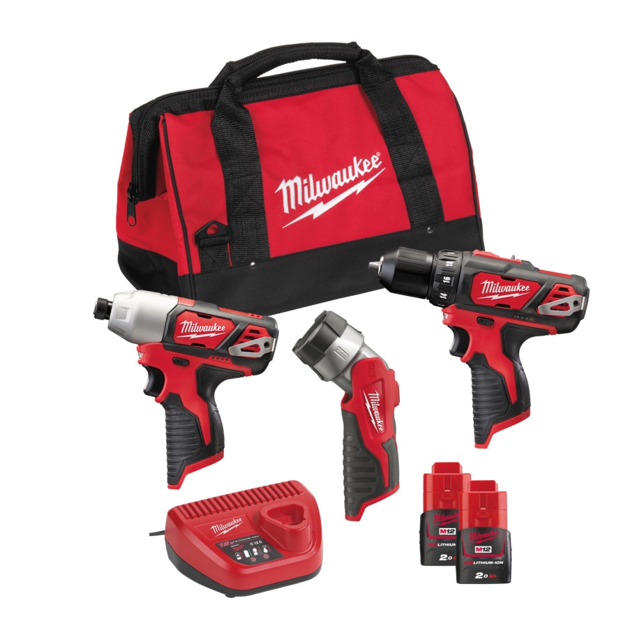 Milwaukee 4933441225 M12BPP3A-202B Powerpack M12BDD Taladro + M12BID Destornillador de impacto + M12 TLED Lámpara 12V 2.0Ah