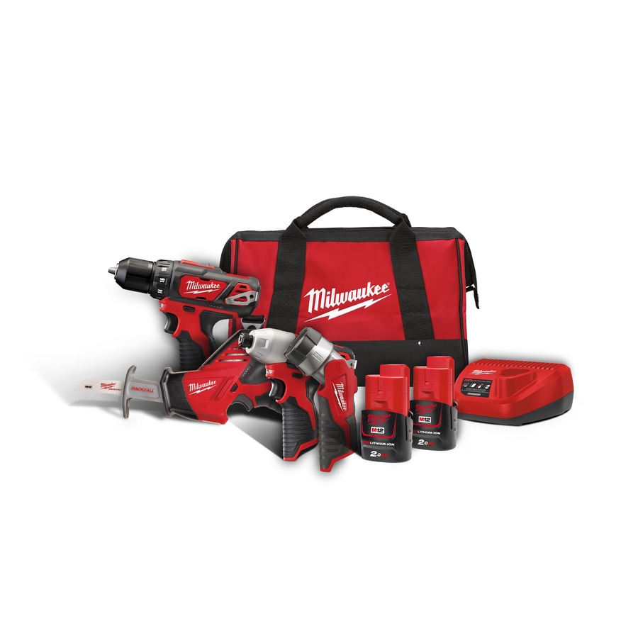Milwaukee 4933441240 M12 BPP4A-202B Powerpack M12BDD Taladro + M12BID Destornillador de impacto + C12HZ Sierra de sable + M12 TLED Lámpara 12V 2.0Ah