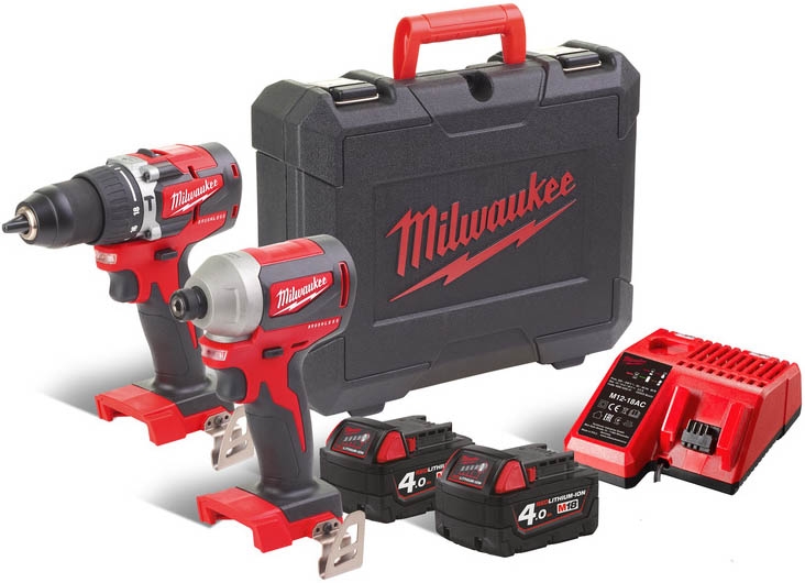 Milwaukee 4933464536 M18 CBLPP2A-402C Comboset - Martillo perforador sin cable M18 CBLPD + Atornillador de impacto M18 CBLID 18V 4.0Ah Li-Ion 4933464536