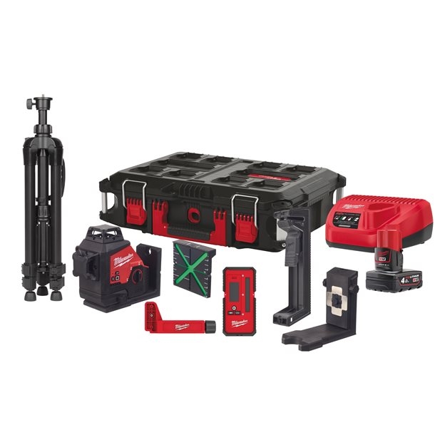 Milwaukee 4933478960 M12 3PLKIT-401P Láser de líneas cruzadas con 3 círculos láser verdes de 360° 12V 4,0Ah Li-ion