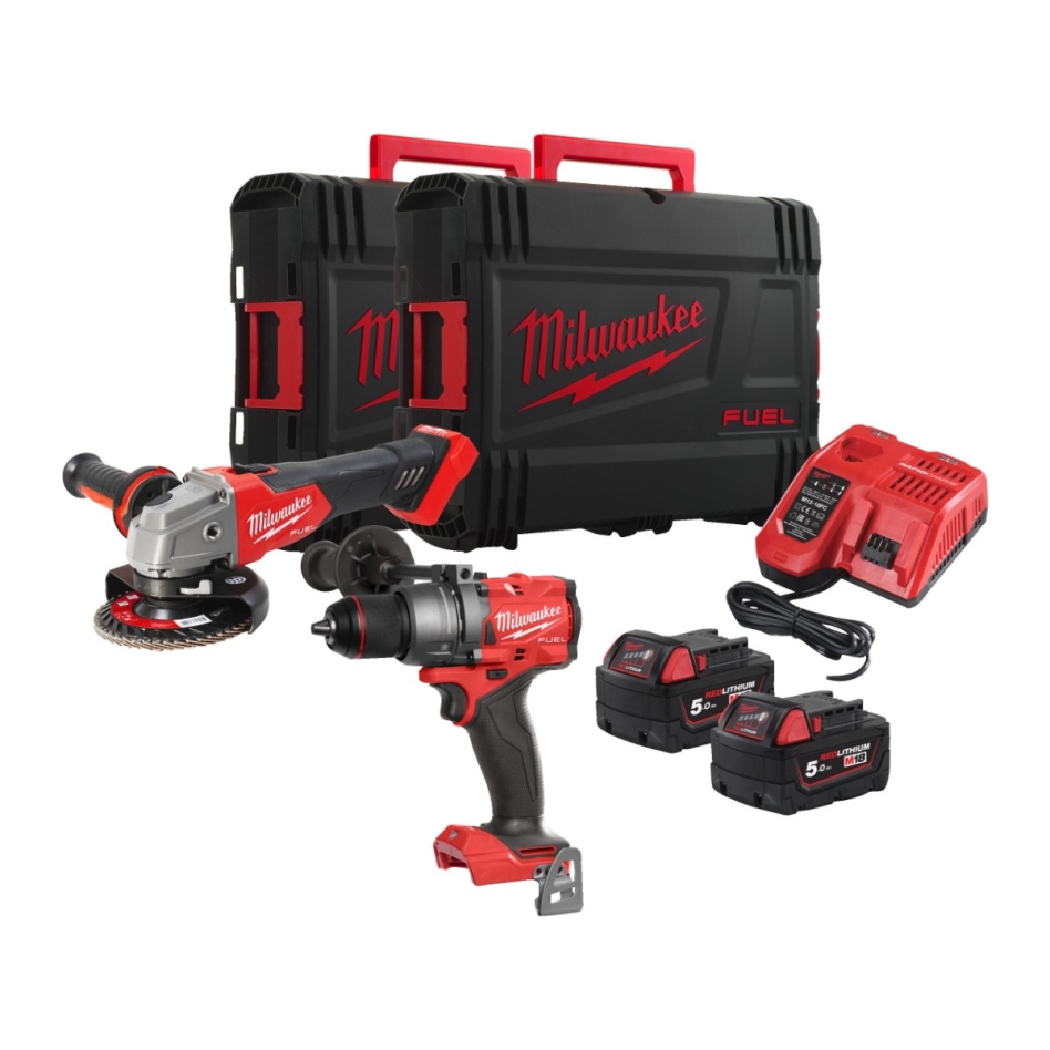 Milwaukee 4933492516 M18 FPP2E3-502X Juego combinado - M18 FPD3 Taladro percutor a batería + M18 FSAG125X Amoladora a batería 18V 5.0Ah Li-Ion en caja HD