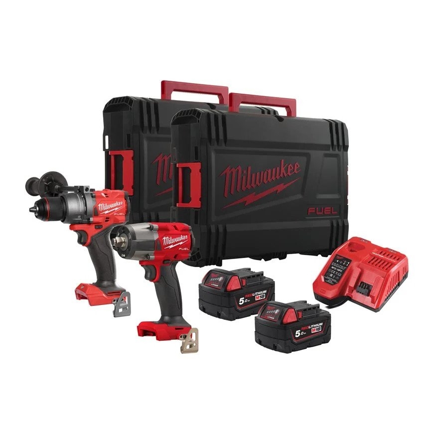 Milwaukee 4933492518 M18 FPP2F3-502X Powerpack 18V 5.0Ah Li-Ion - M18FPD3 Taladro percutor + M18FMTIW2F12 1/2 Llave de Impacto en Caja HD