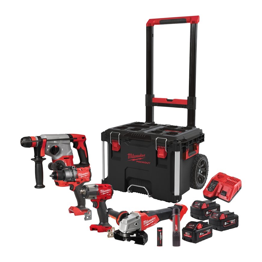 Milwaukee 4933492520 M18 FPP4D-555T Powerpack - 4 máquinas + linterna 18V 2x5.0/1x5.5Ah en carro Packout